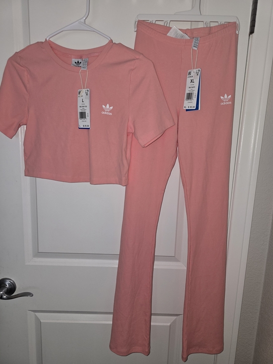 adidas Tops - Adidas Ribbed Pink Cropped Tee & Flare Pant Set